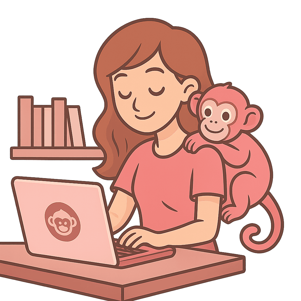 Person with monkey companion working on laptop - job search illustration